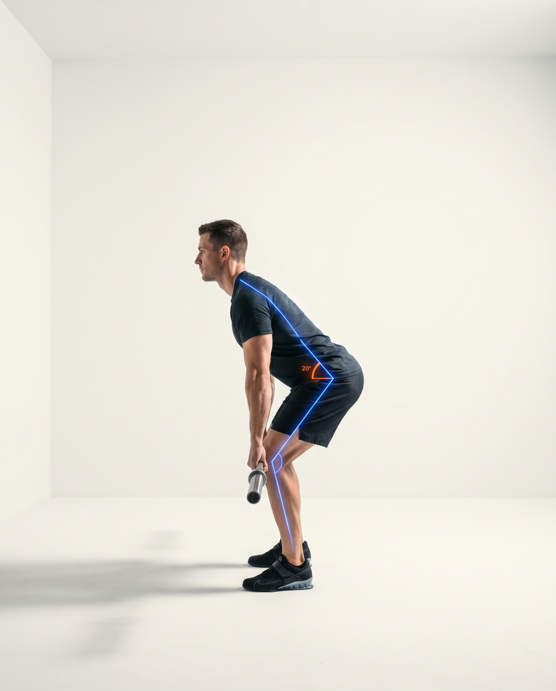 Athlete mid-correction with skeletal angle overlay